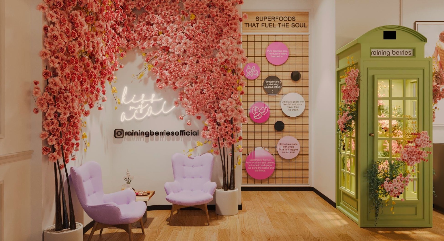 Kiss my açaí flower wall and green phone booth at Raining Berries